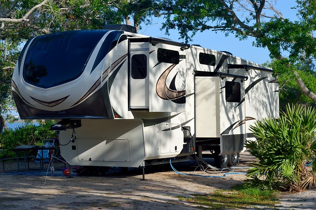 An RV camper in the woods