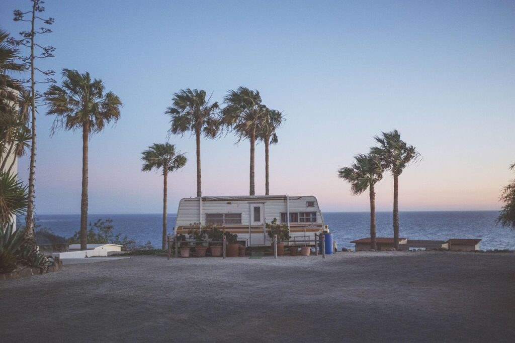 rv, camper, palm trees, summer, ocean, blue sky, sea, horizon, beach, blue, sky, landscape, nature, sunset