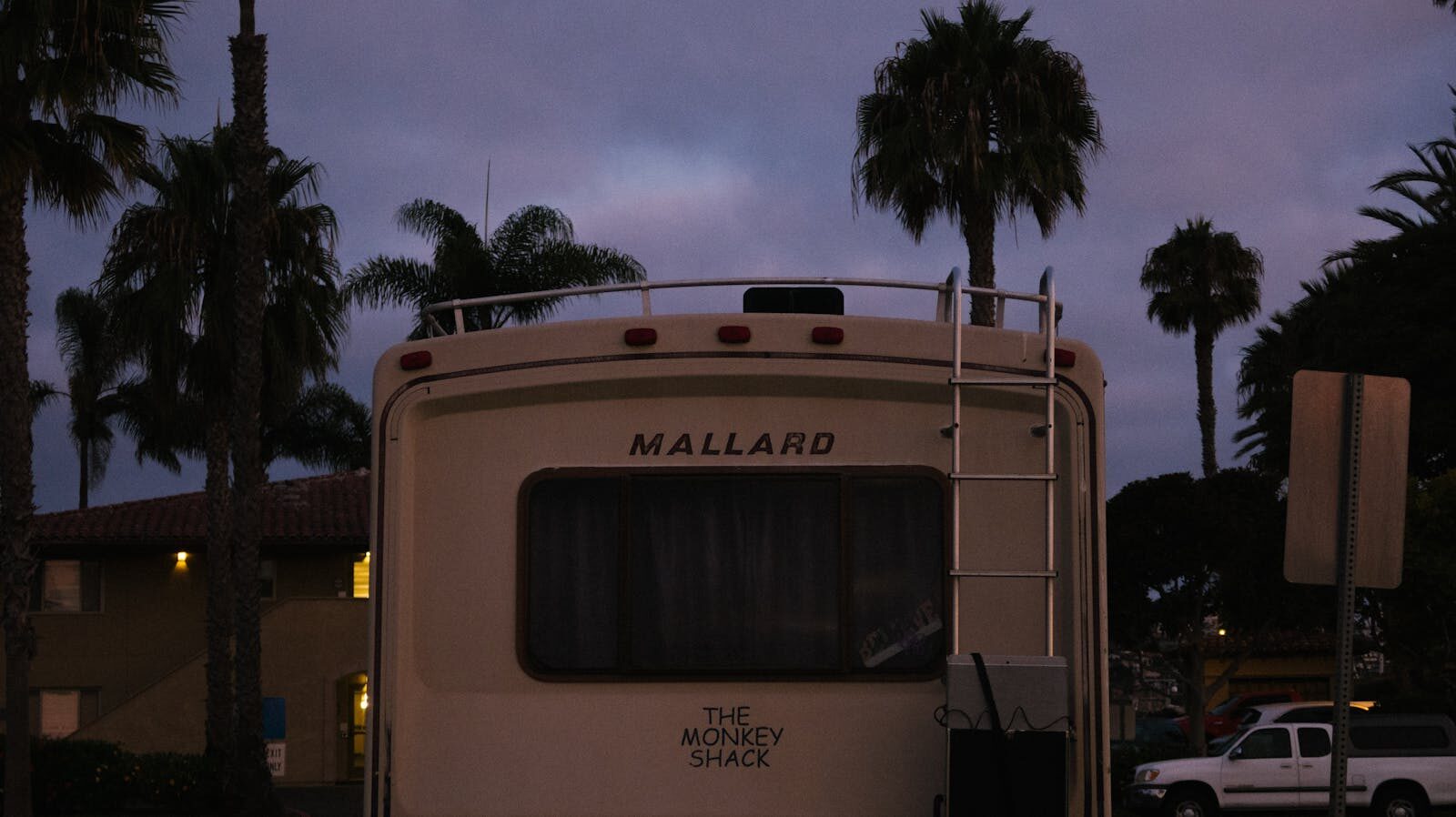 Photo by Athena Sandrini A retro RV parked under palm trees at dusk, capturing a tranquil outdoor scene.