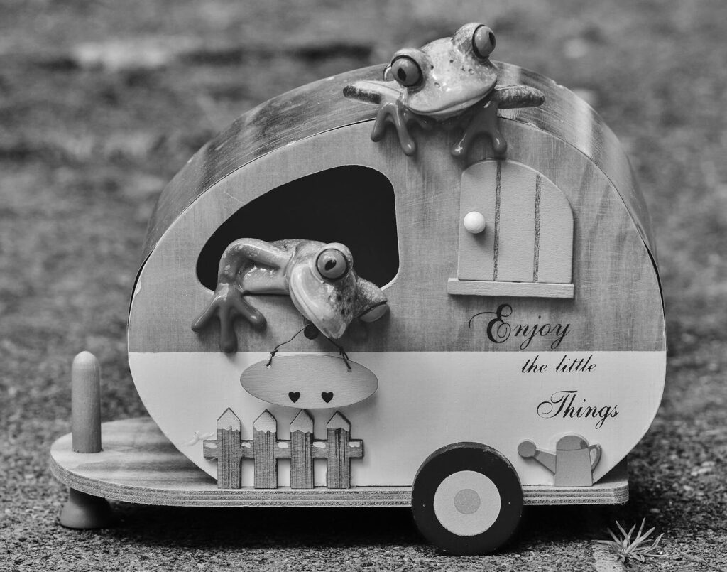 Black and white image of playful frog figurines on a toy caravan with inspiring text.