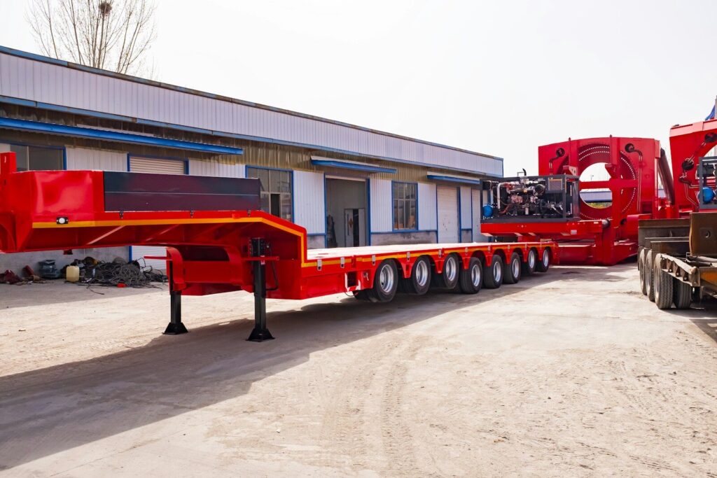 A long red trailer with many wheels