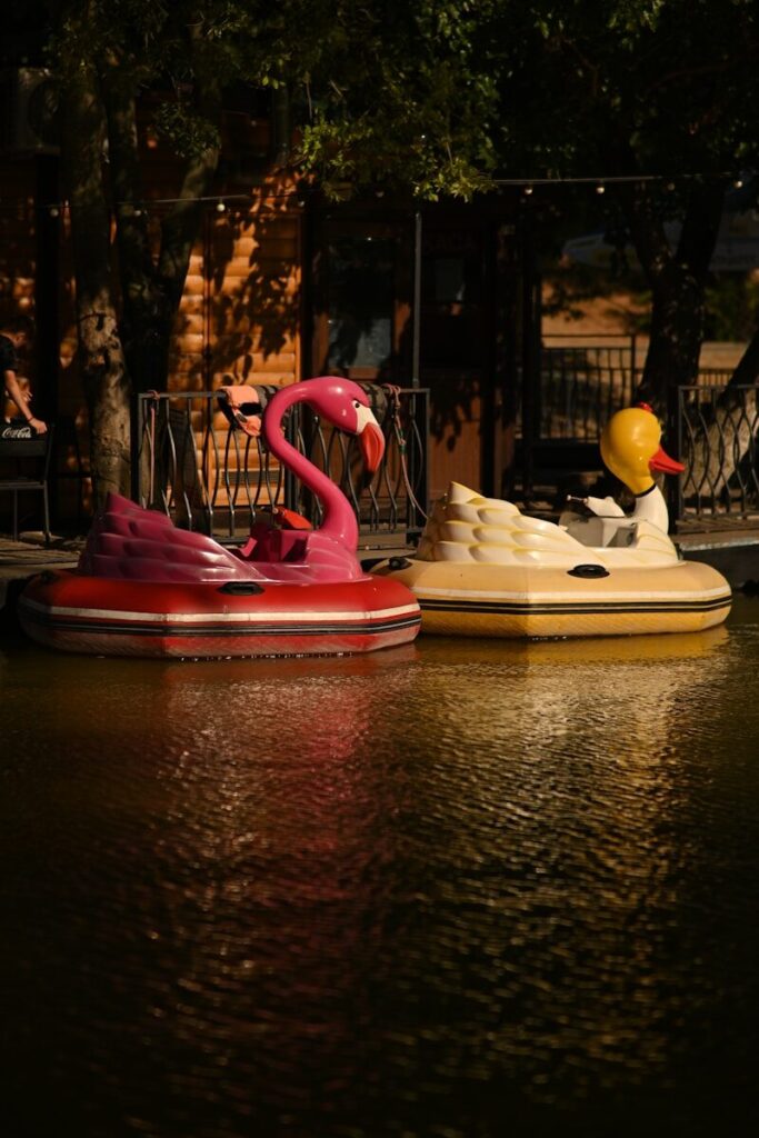 Two novelty pedal boats shaped like a flamingo and duck.