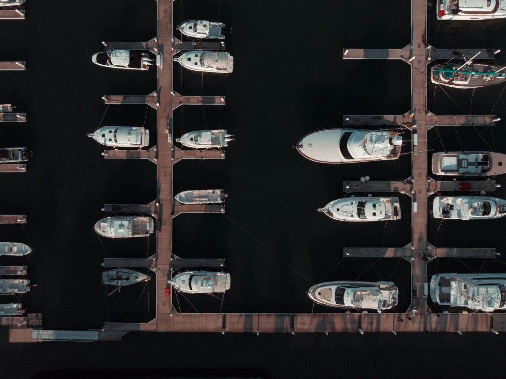 Aerial view of yachts docked at a marina in Heroica Veracruz, Mexico.