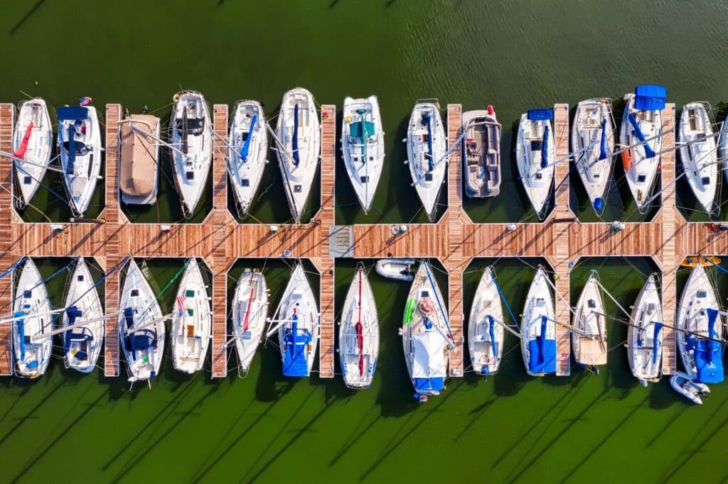 Aerial perspective of sailboats docked at Lake City marina, Minnesota.