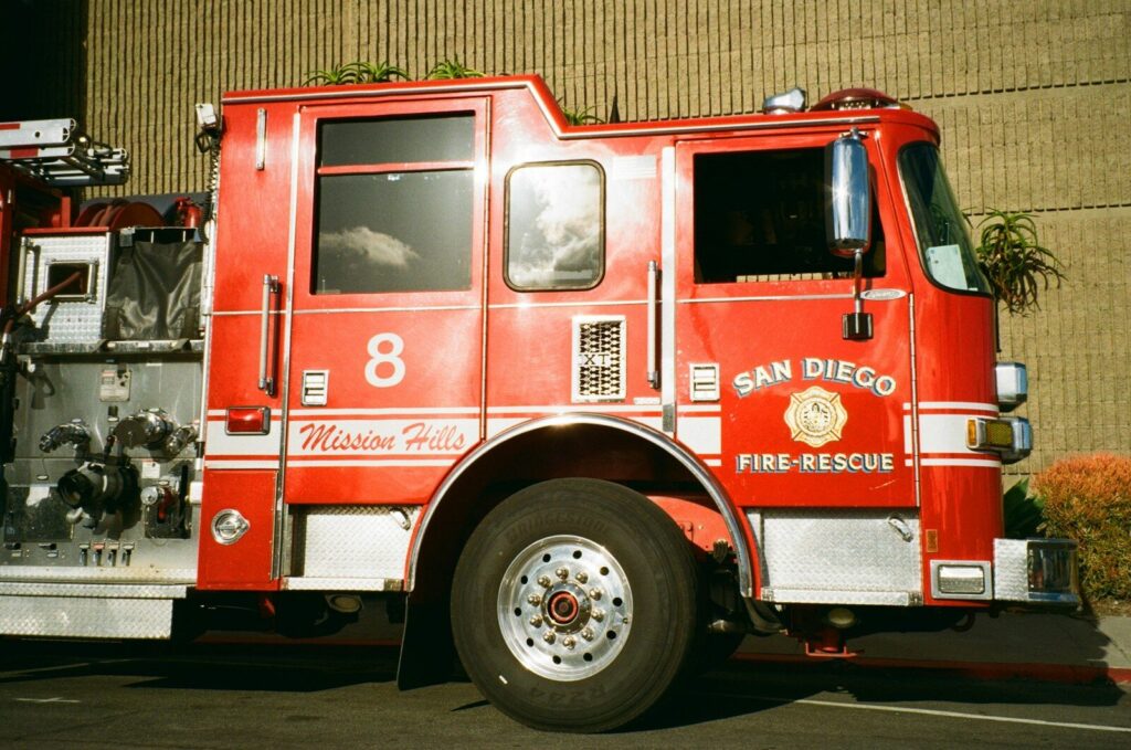 A red san diego fire-rescue truck with number 8